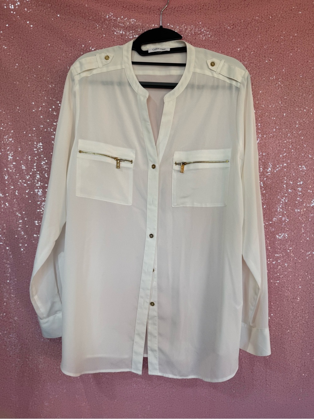 Calvin Klein White Button-Front Blouse with Gold ZipsI6